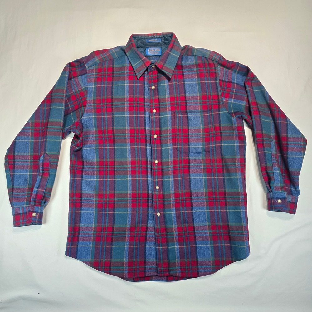 Pendleton Vintage Wool Plaid Button Down Shirt Mens Large Red Blue Made in USA
